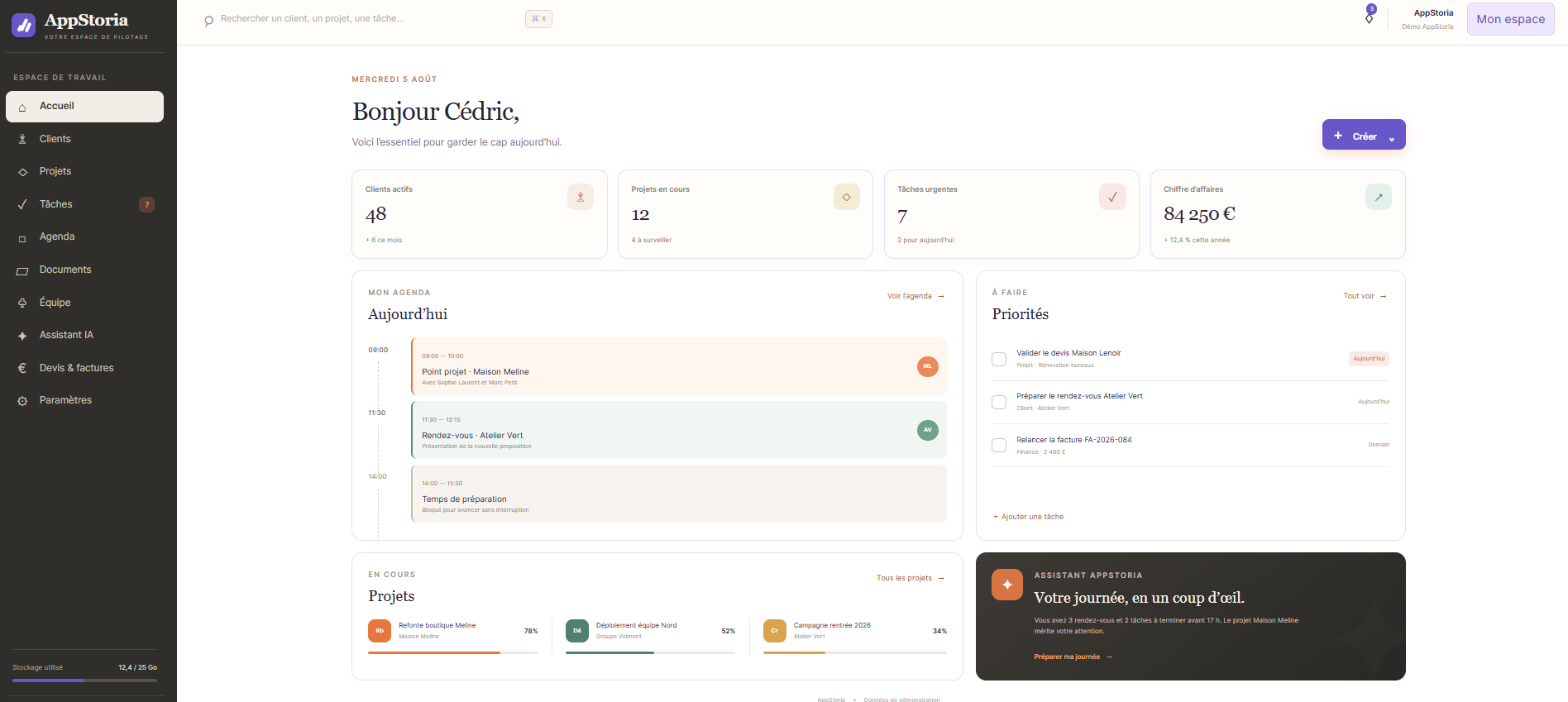 Tableau de bord de démonstration AppStoria : clients, projets, agenda et tâches