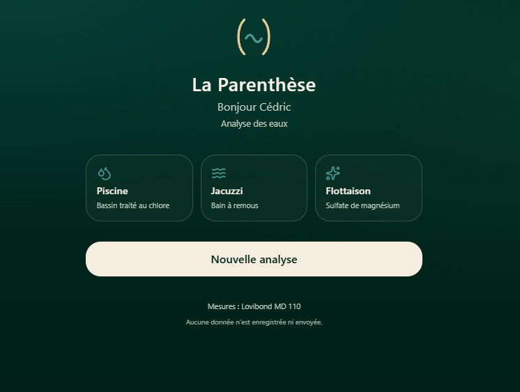 Écran réel de saisie des analyses d’eau de La Parenthèse