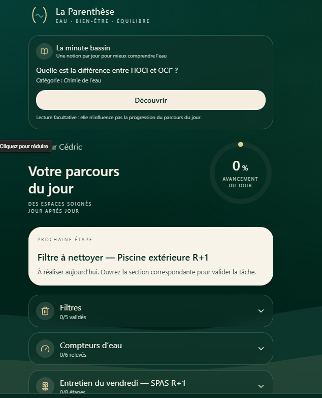 Application La Parenthèse : parcours du jour et suivi des tâches de piscine