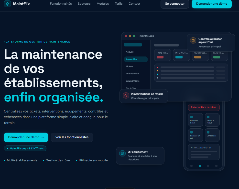 Site MaintFlix présentant la gestion des tickets, interventions et équipements